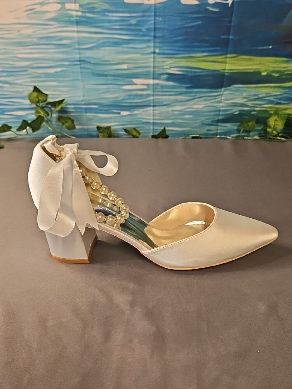 Unbranded White Elegant Pearl-Embellished Satin Heels with Ankle Ribbon - Picture 2 of 4